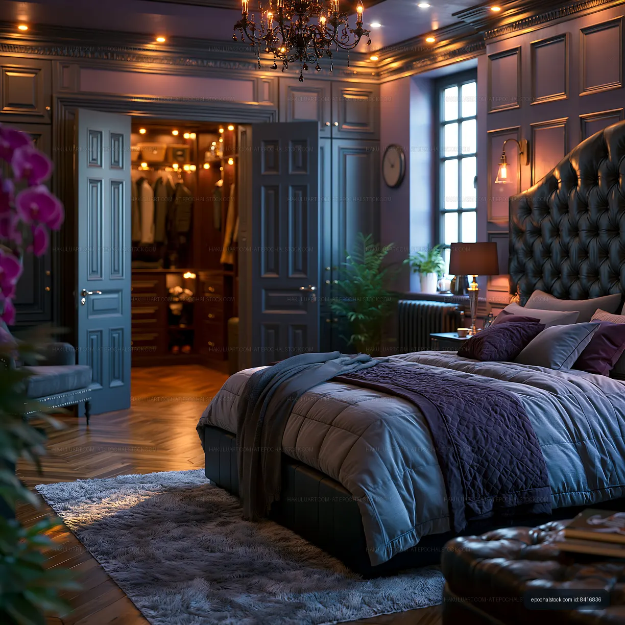 Elegant bedroom with walk-in closet and stylish decor