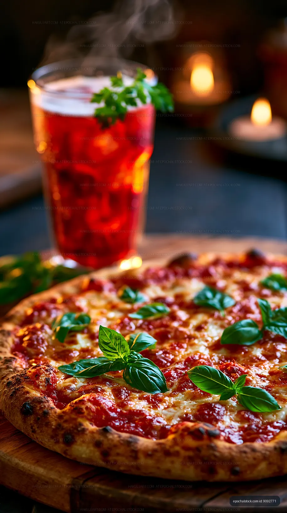 Freshly made pizza with basil leaves and a drink