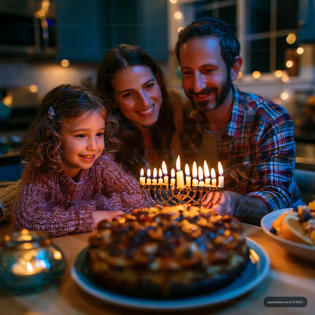 Family celebrates Hanukkah with menorah and cake at home