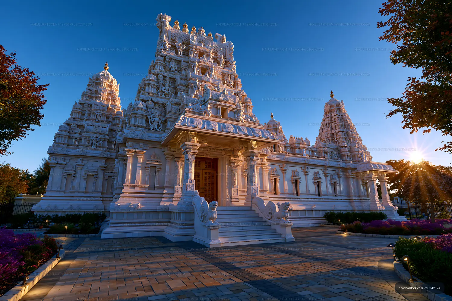 Hindu temple at dusk with detailed architecture and gardens
