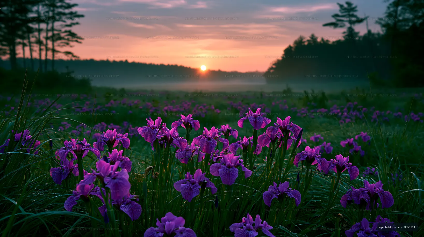 Sunrise over blooming irises in a field with trees in background