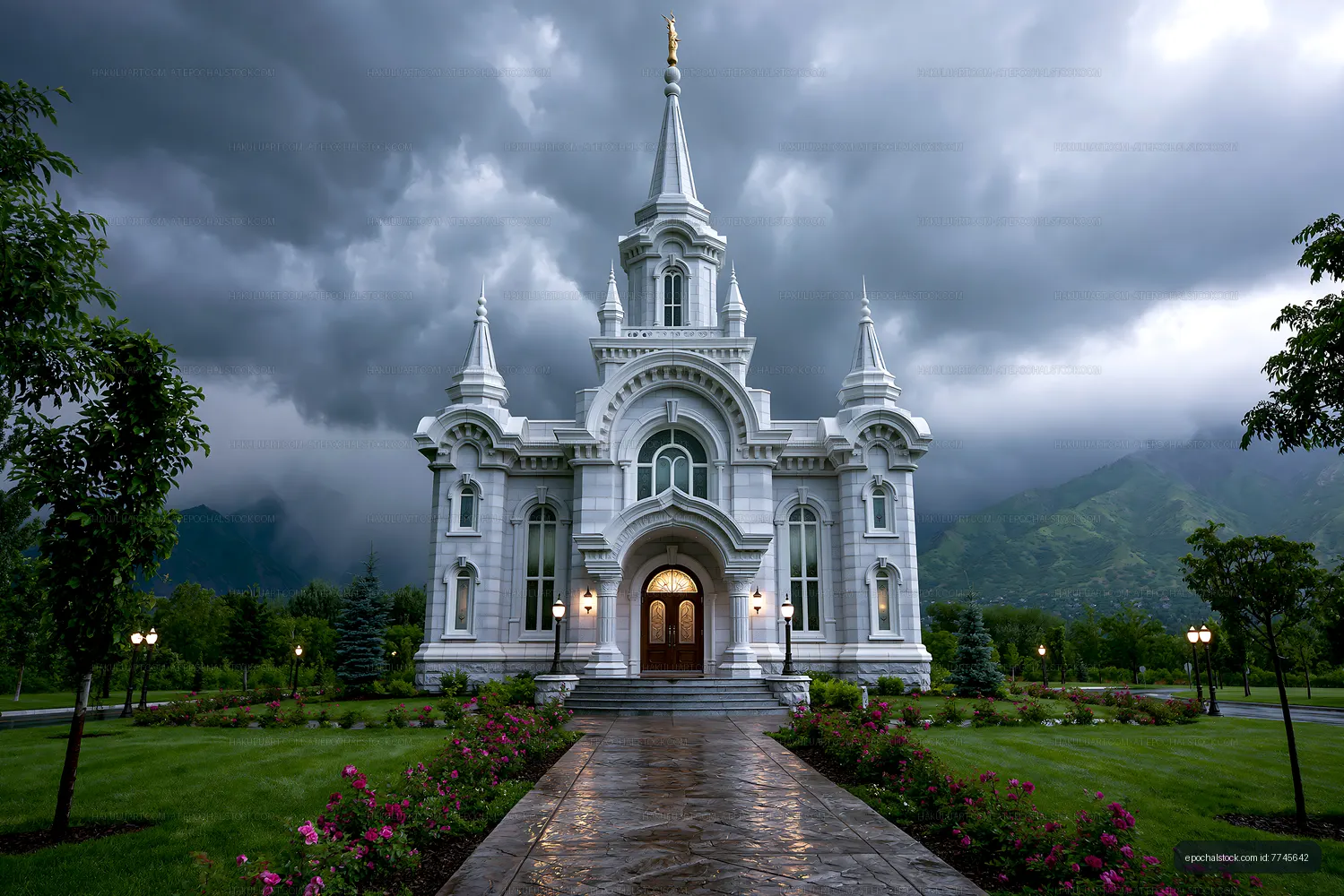 Cloudy sky over a white building with intricate design