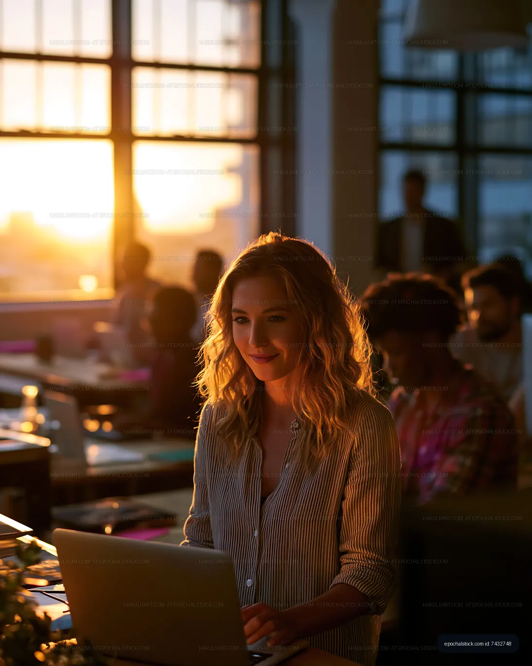 Woman working on laptop during sunset in an office setting