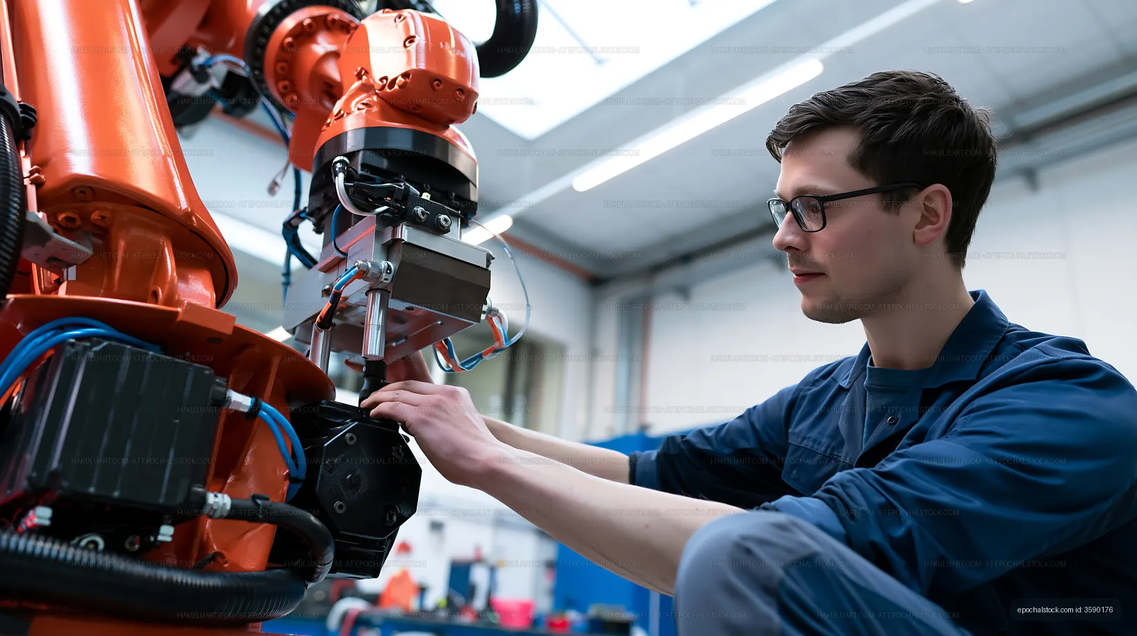 Engineer working on robotic arm in manufacturing facility