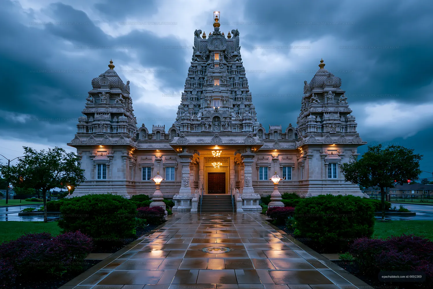 Beautiful temple under cloudy sky at twilight