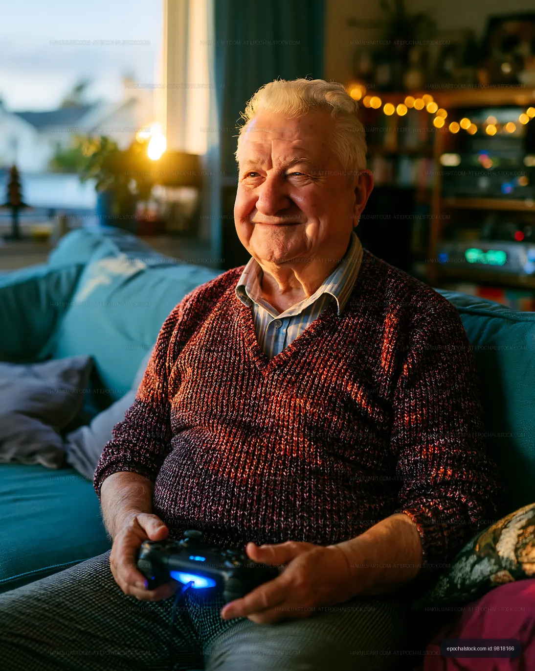 Elderly man playing video games at home in the evening