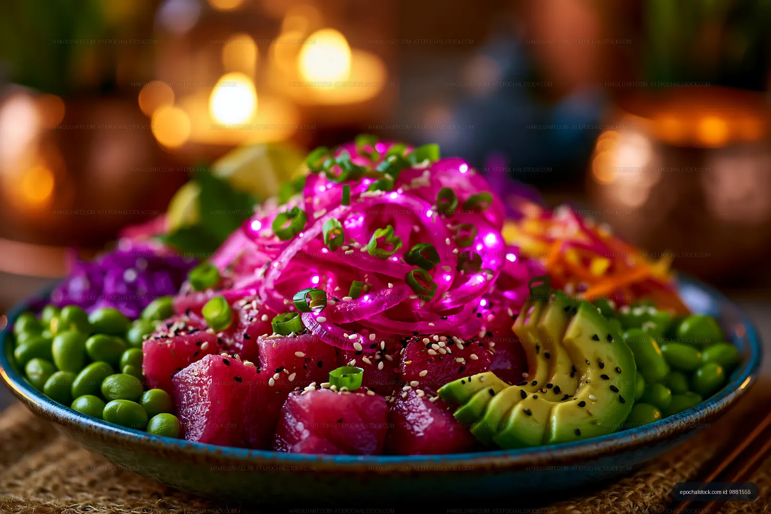 Vibrant salad with tuna, avocado, and colorful vegetables on display