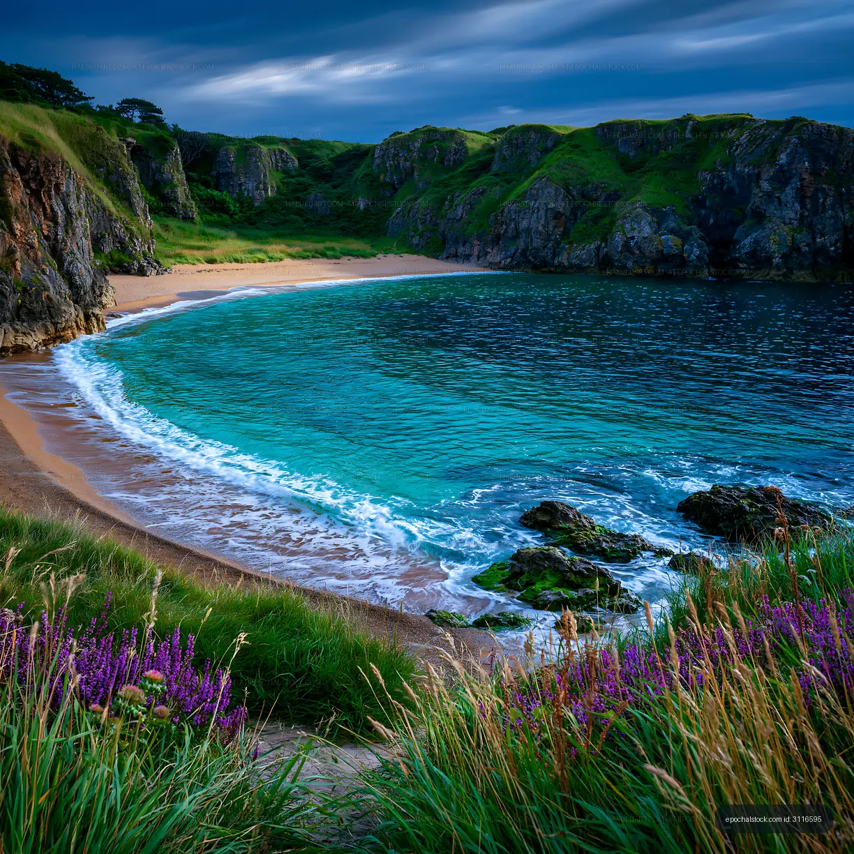 Coastal view of sandy beach with green cliffs and blue water