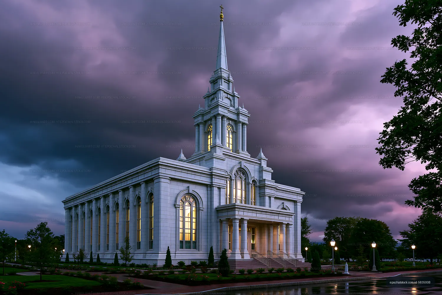 Beautiful church building under cloudy sky at twilight