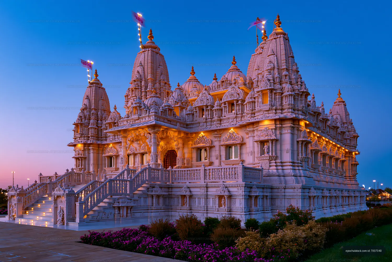 Hindu temple with intricate architecture at dusk