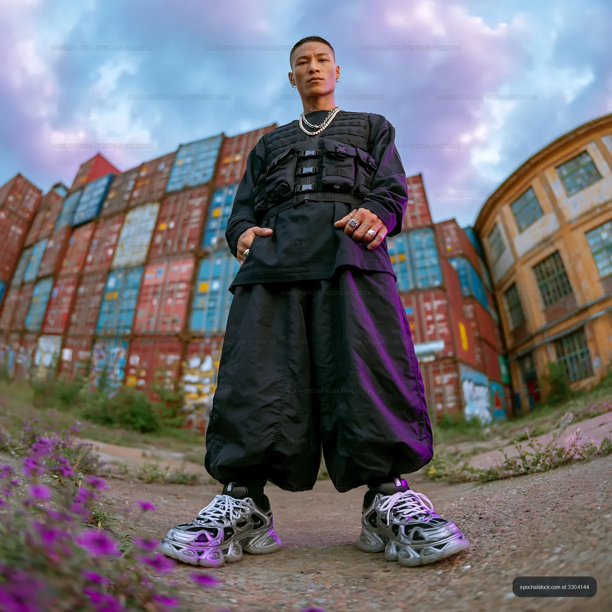 Man in black outfit poses in front of colorful shipping containers