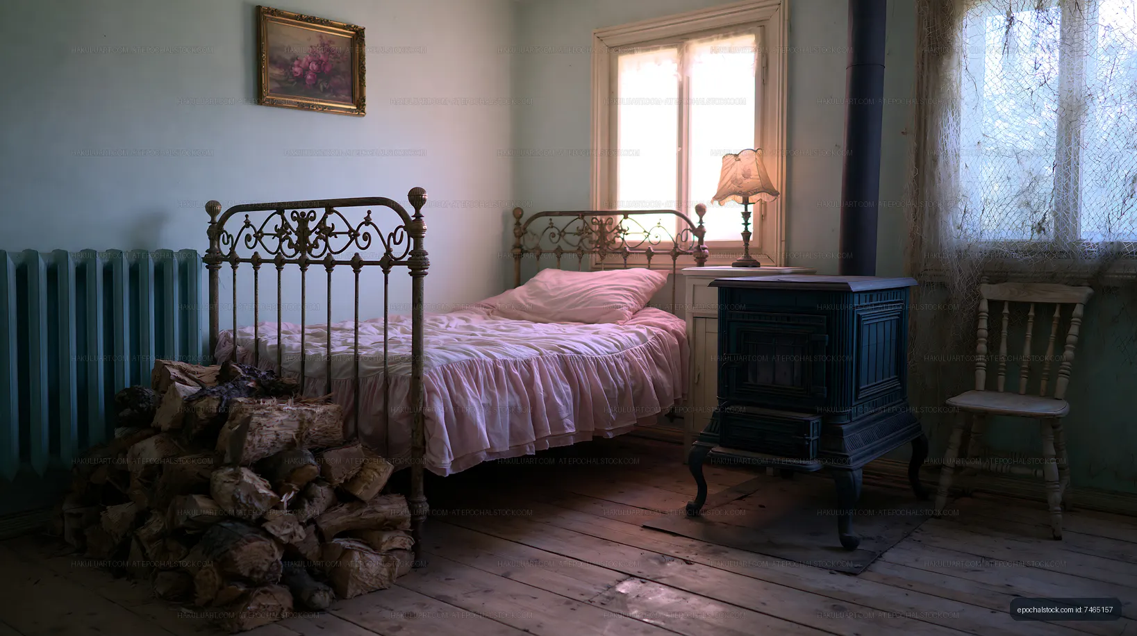 Cozy bedroom with a vintage bed and wood stove