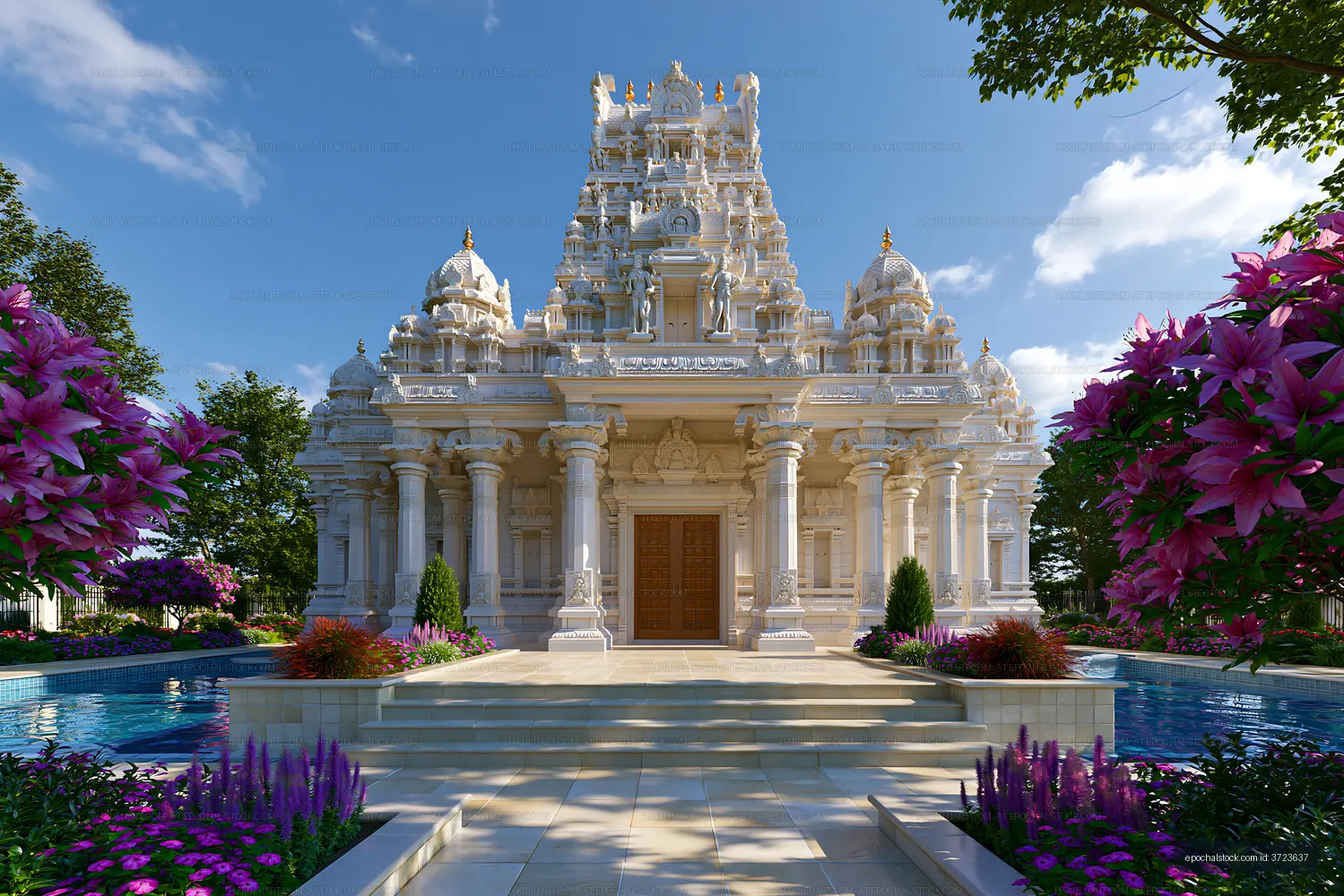 Historic temple surrounded by flowers and water features