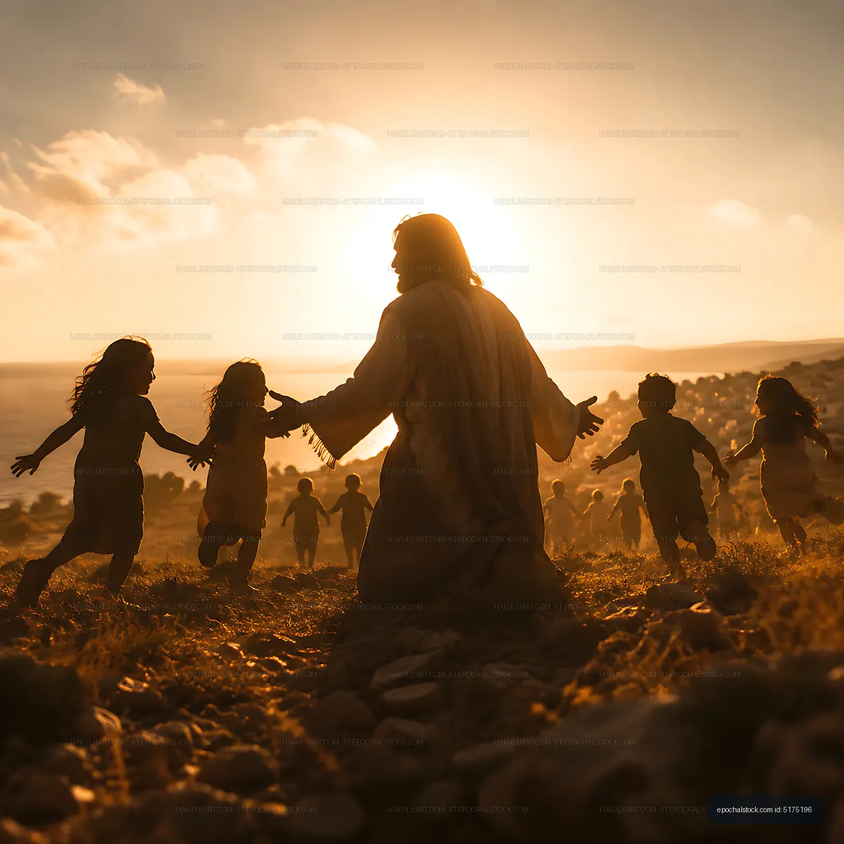 Jesus with children in silhouette during sunset