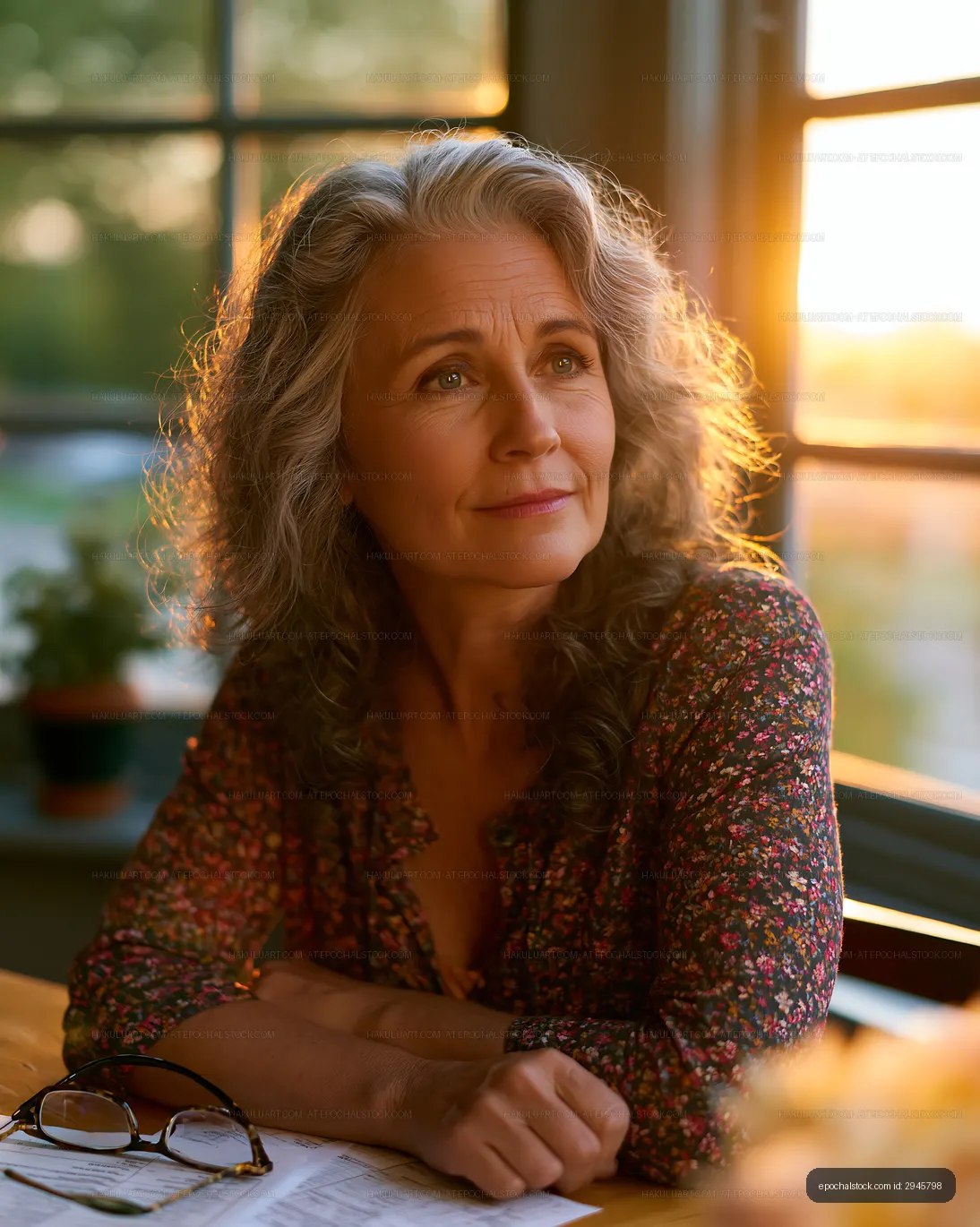Woman with gray hair sitting at a table during sunset