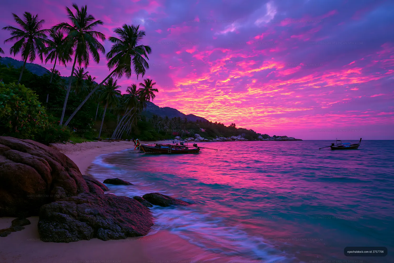Sunset over a beach with palm trees and fishing boats