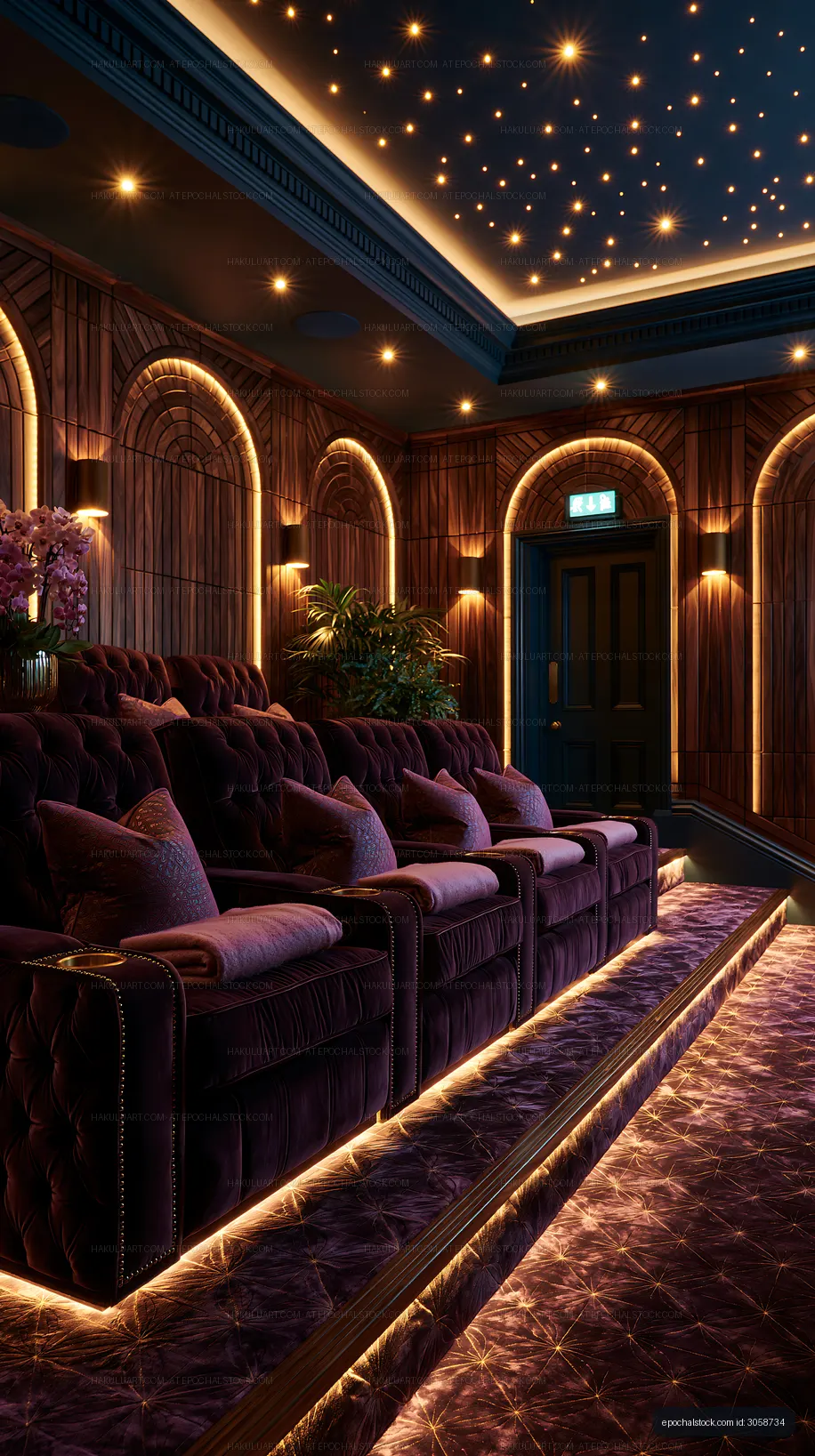 Home theater with plush seating and warm lighting design