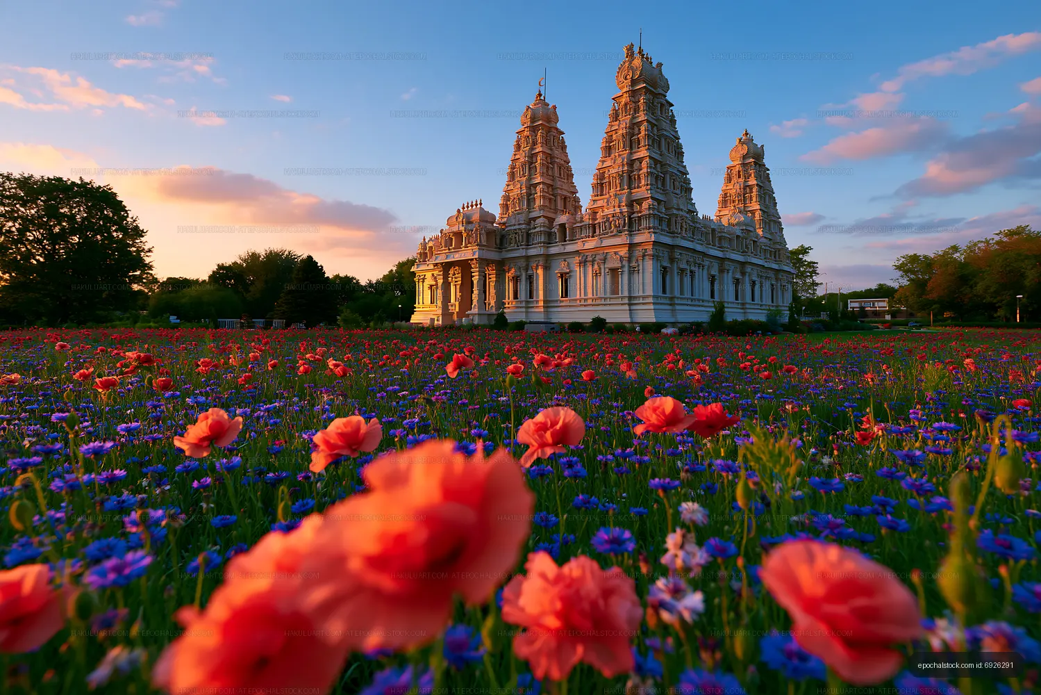 Temple surrounded by colorful flowers at sunset
