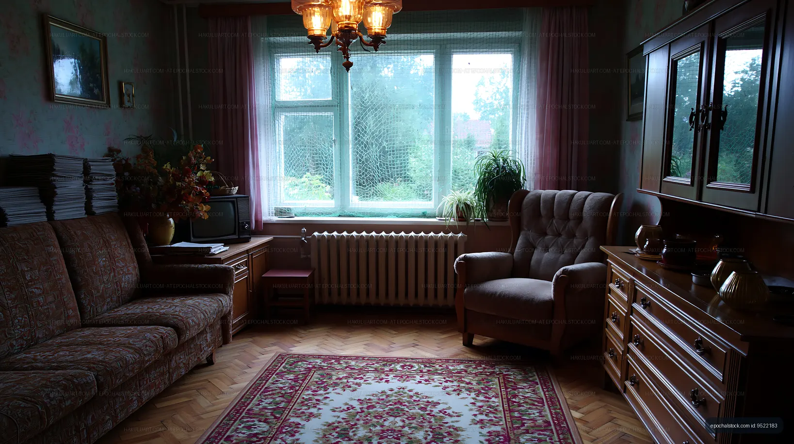 Cozy living room with vintage furniture and a view of greenery