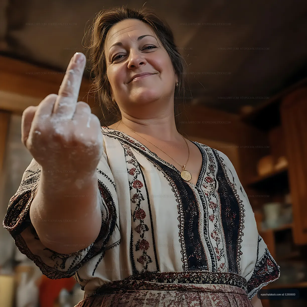Woman showing middle finger with flour on her hand in kitchen