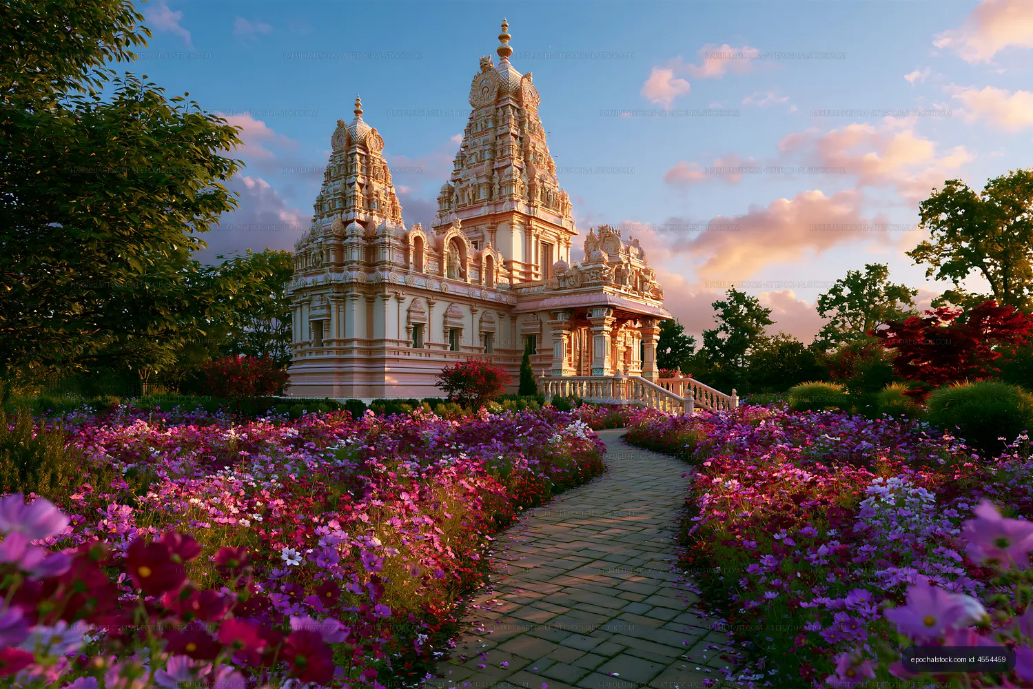 Colorful temple surrounded by flowers at sunset