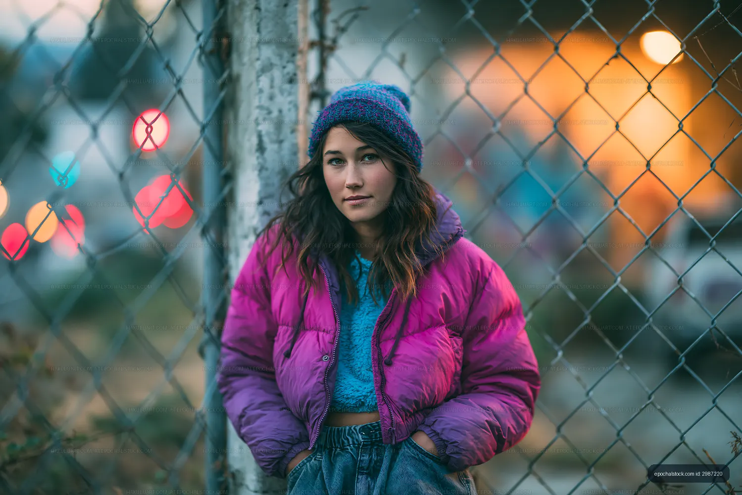 Young woman in pink jacket stands near a chain-link fence