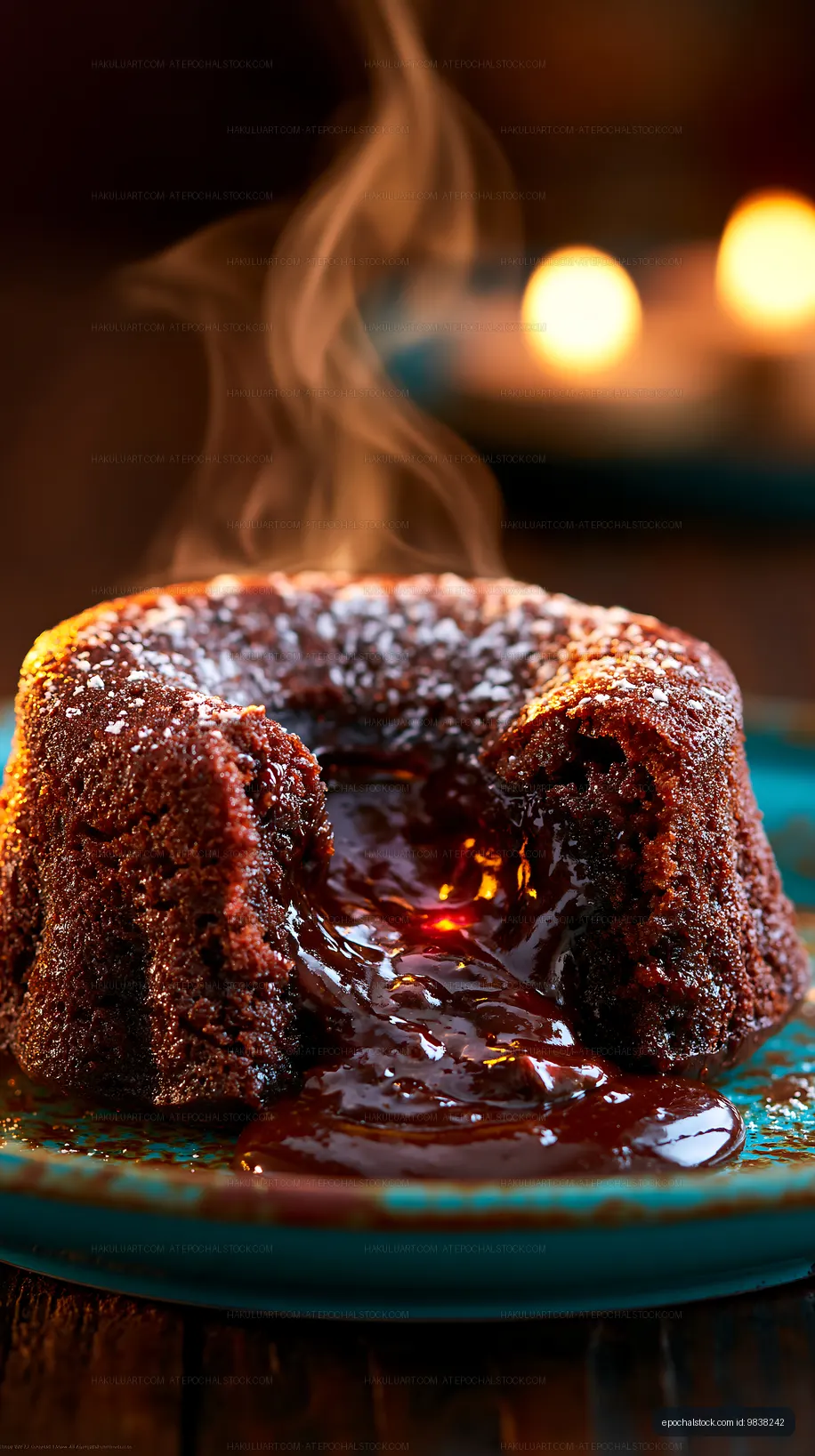 Chocolate lava cake with melted filling and steam rising