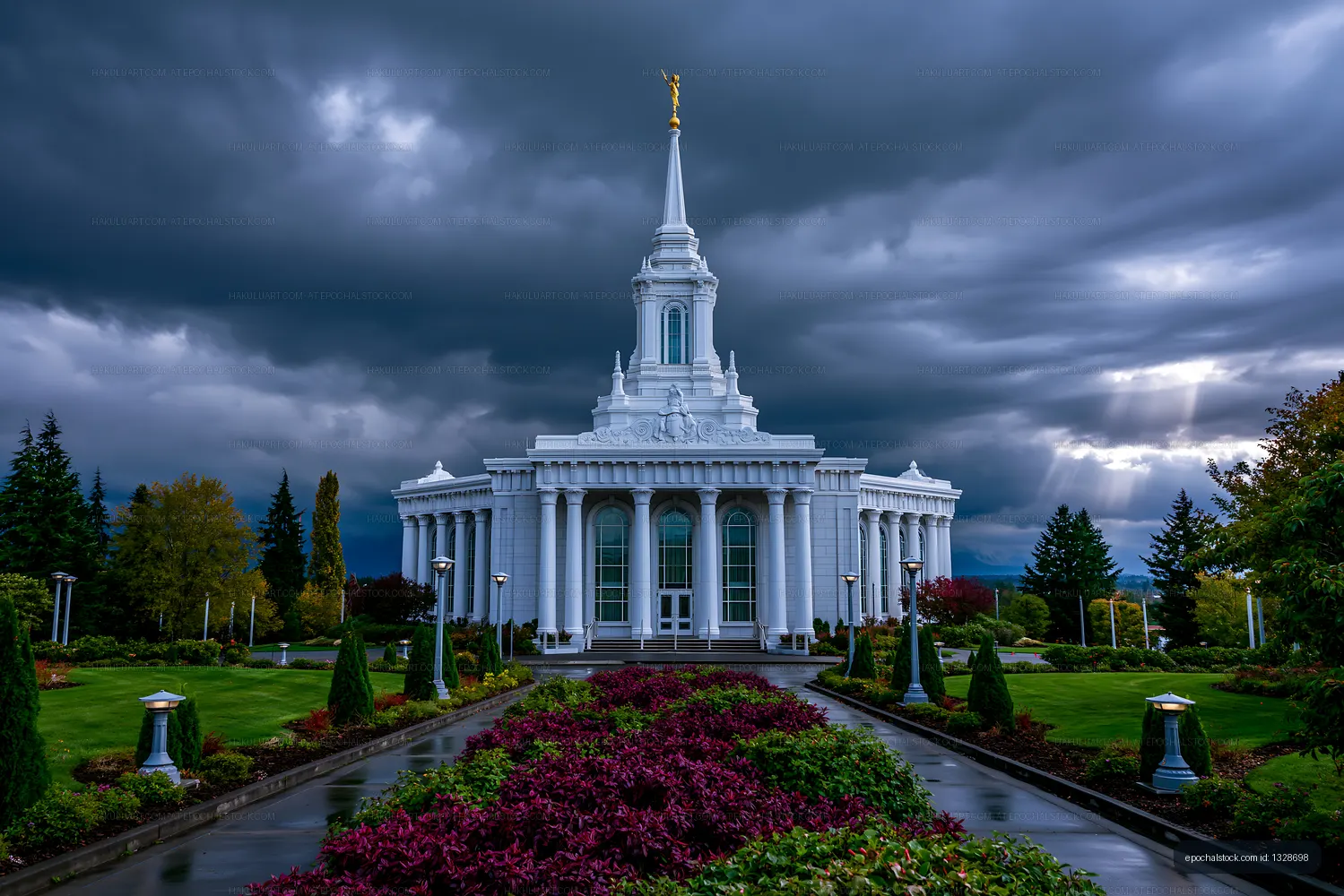 Stormy sky over temple with gardens and pathway