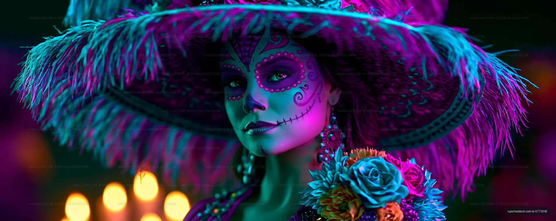 Woman in colorful costume for celebration with flowers and candles
