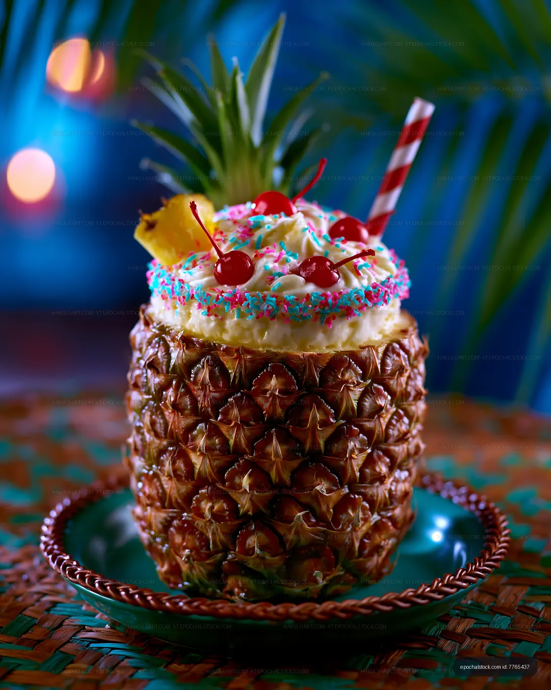 Pineapple drink with whipped cream and cherries on a table