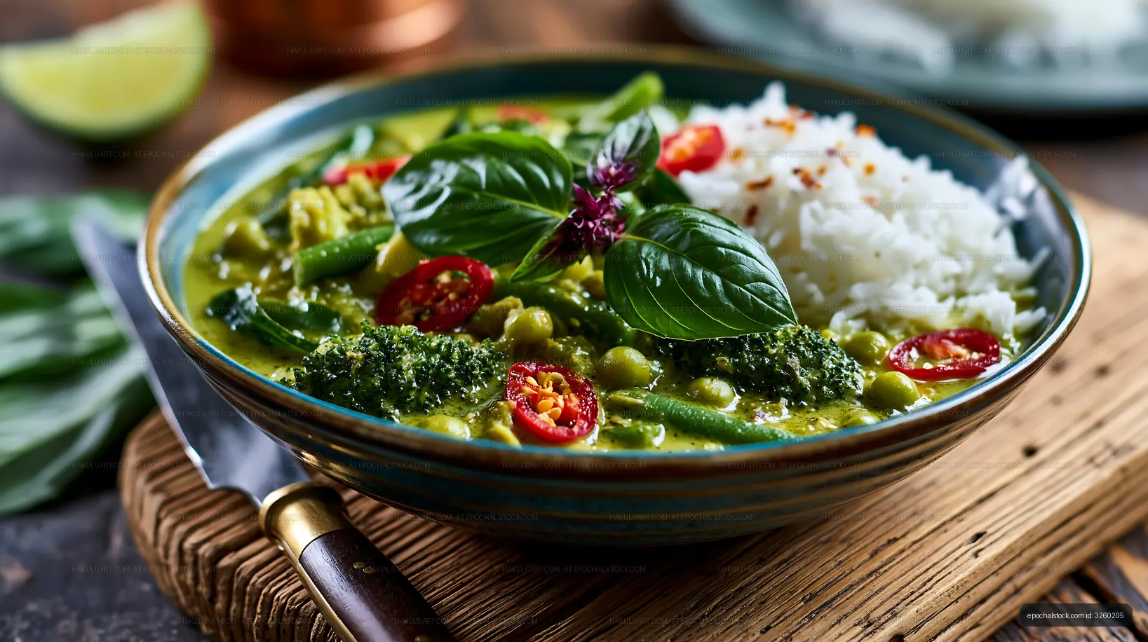 Delicious green curry served with rice and fresh herbs