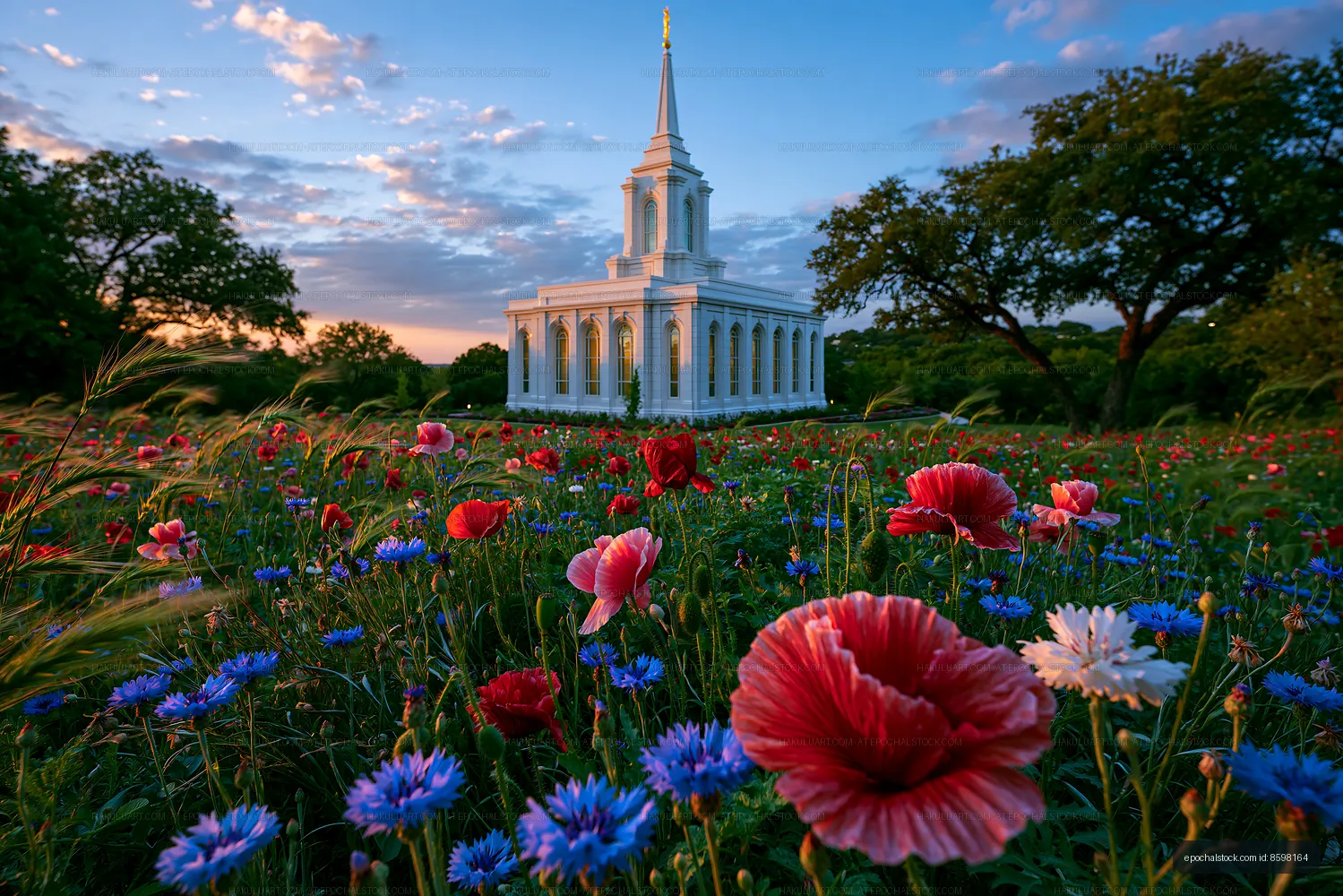 Flowers in field with church building at sunset