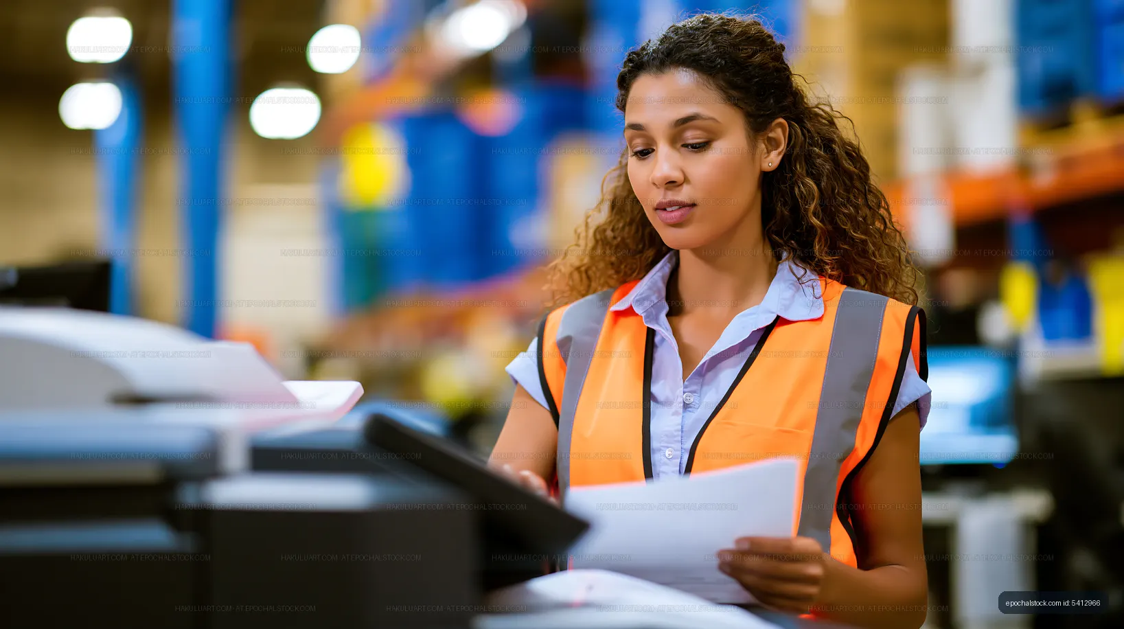 Woman in safety vest working in warehouse office