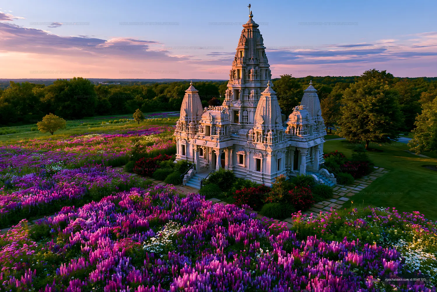 Colorful flowers around a temple at sunset in the countryside