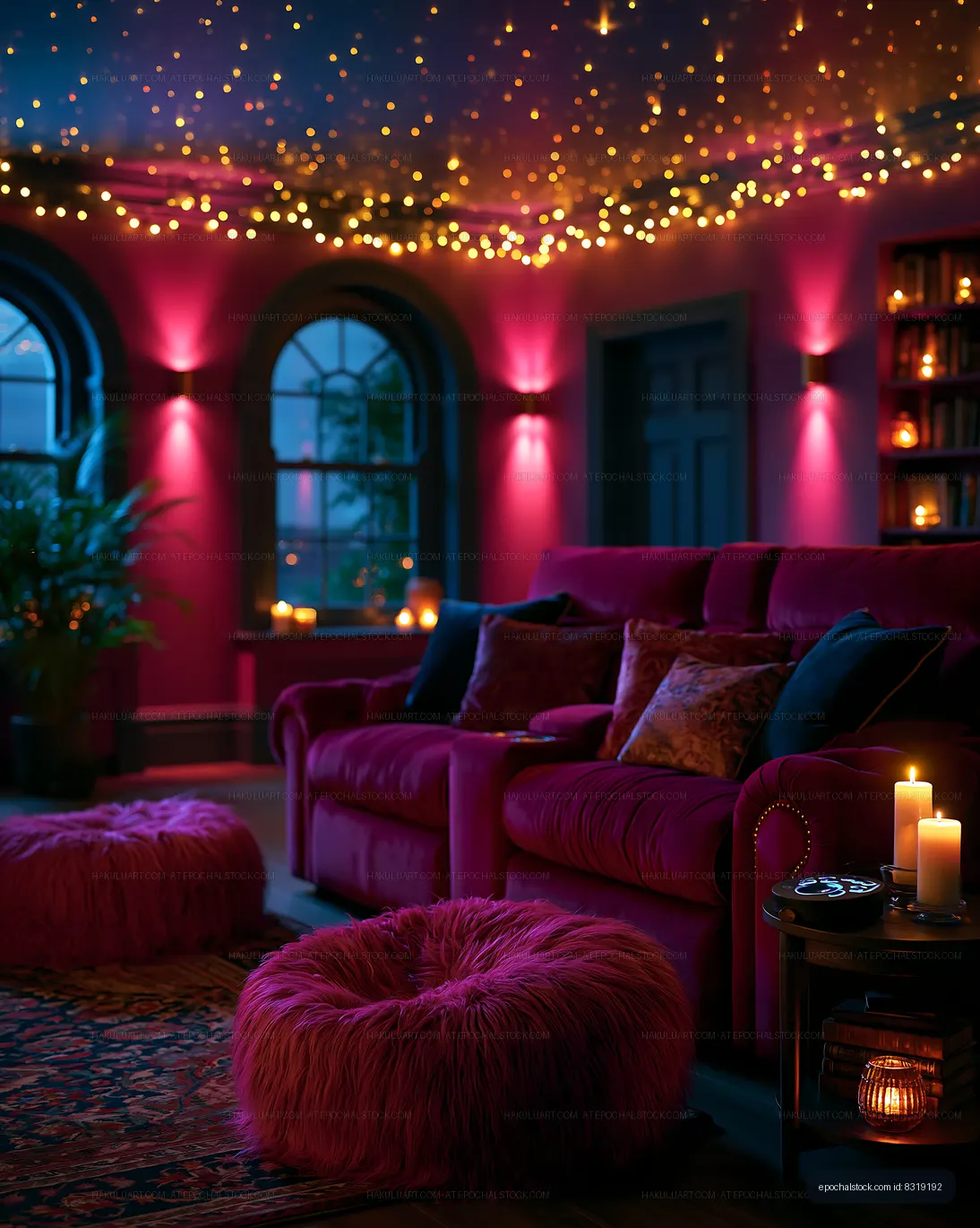 Cozy living room with pink decor and warm lighting