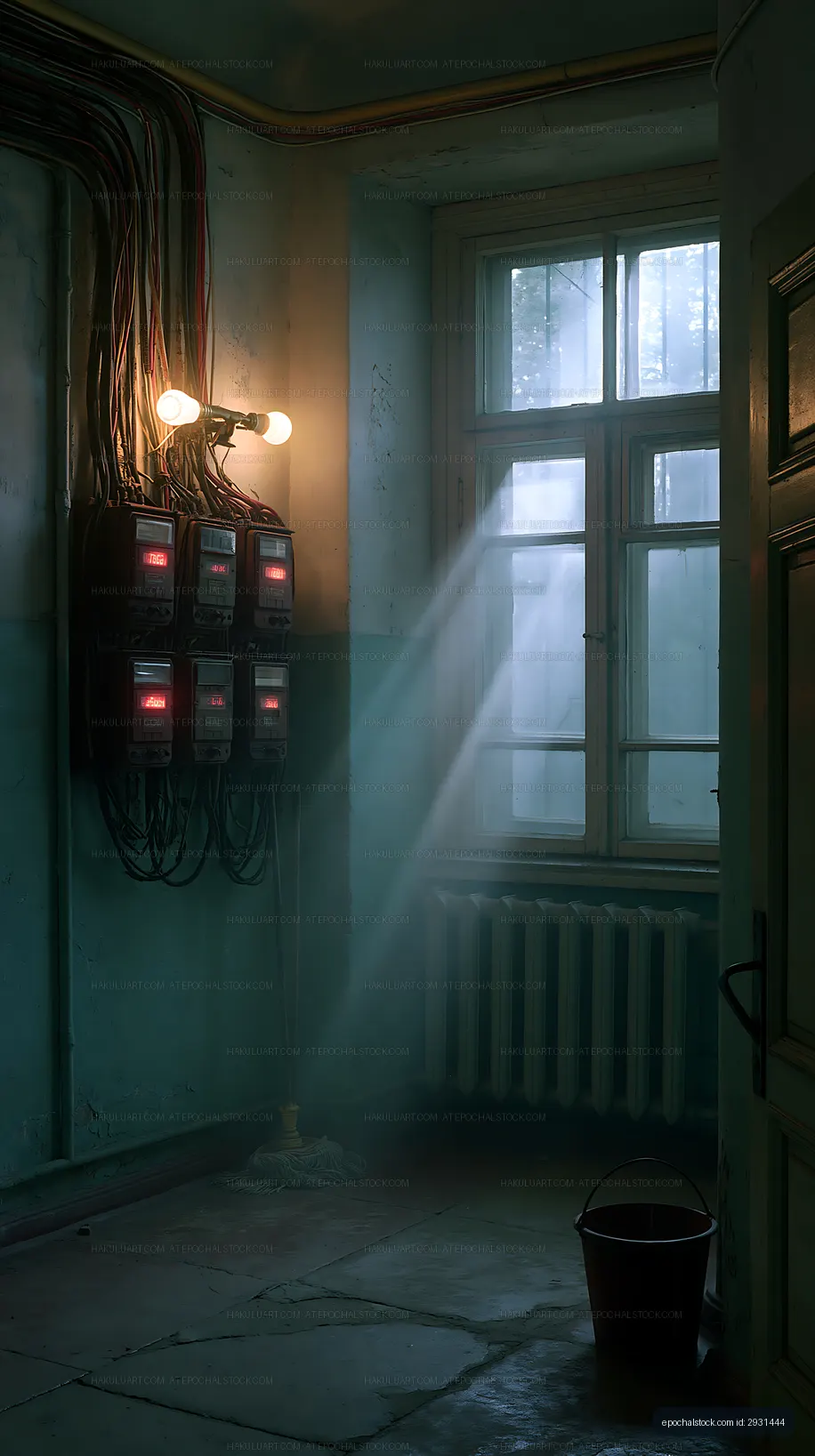Old utility room with light fixture and window casting shadows