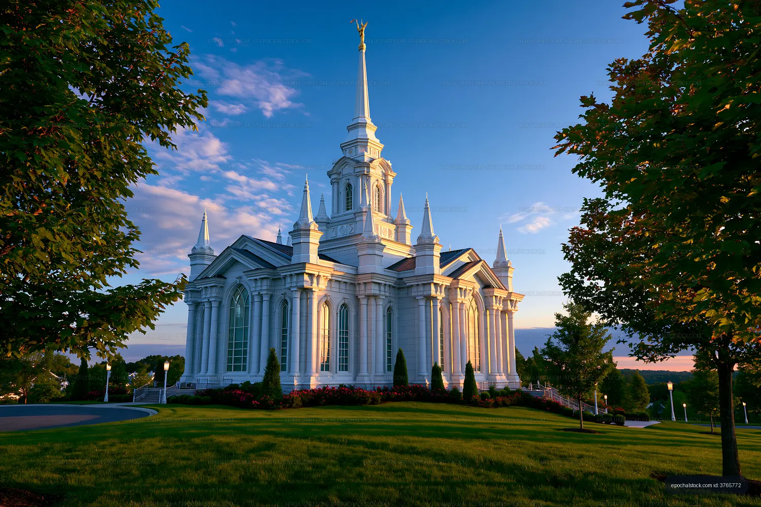 White church building under blue sky at sunset