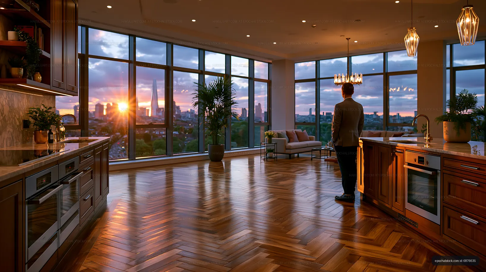 Sunset view from modern kitchen with city skyline in background