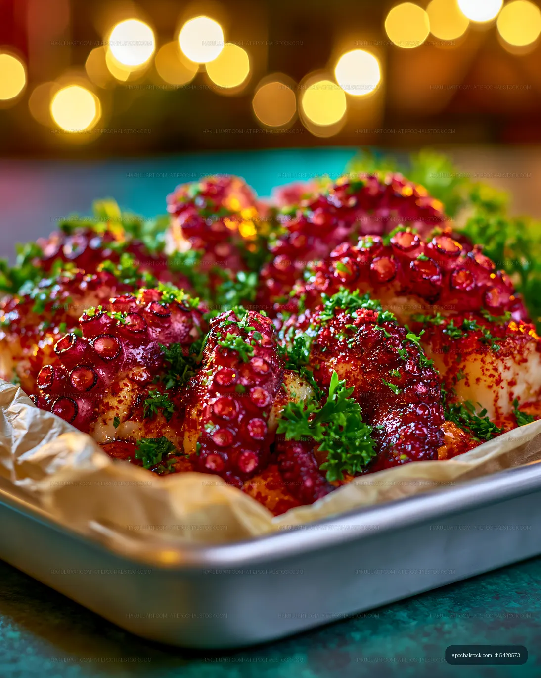 Octopus dish served on a tray with herbs and seasonings