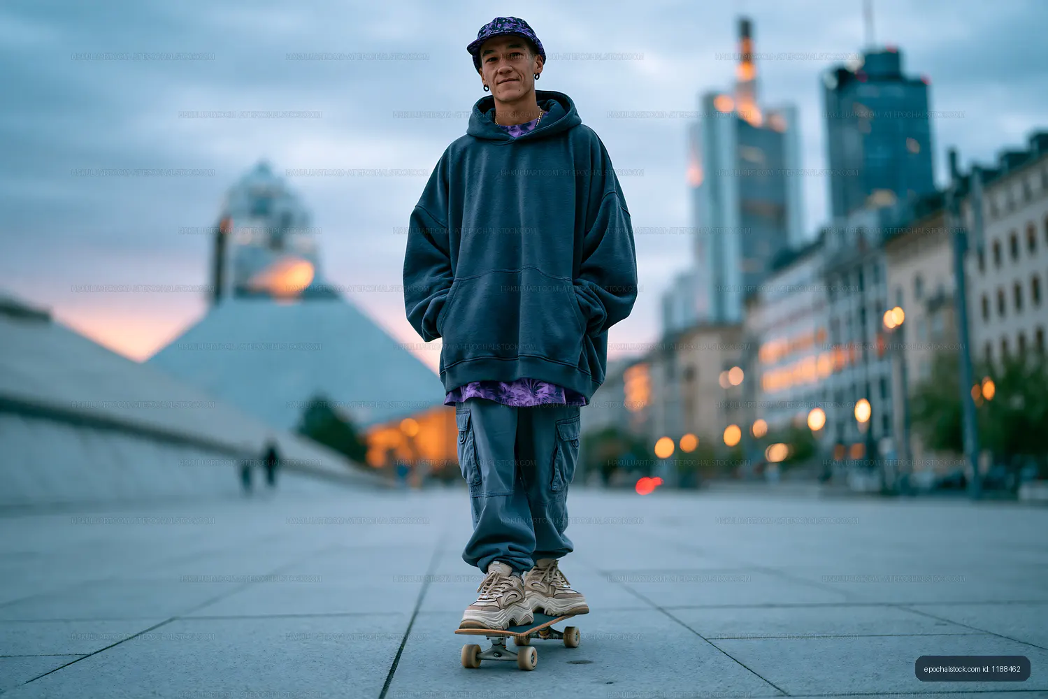 Young man skateboarding in urban area during twilight hours