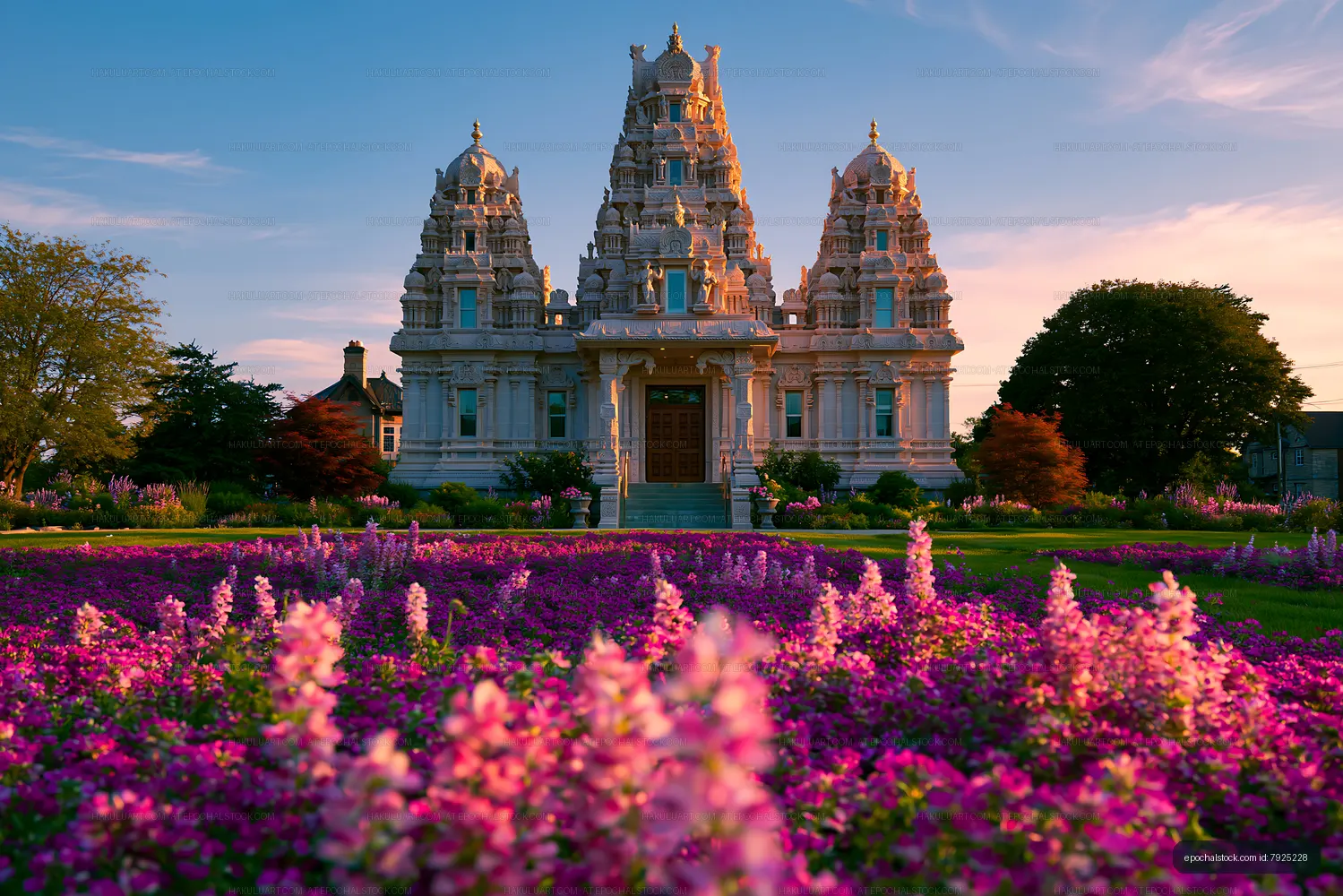 Flowers in front of an ornate temple at sunset