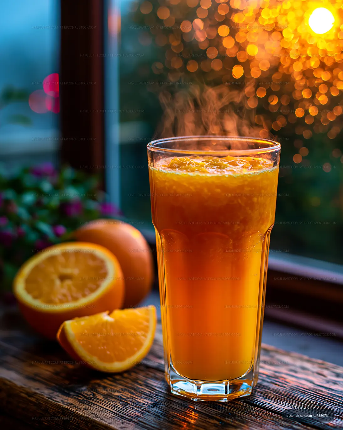 Warm orange juice in a clear glass with oranges on a wooden table