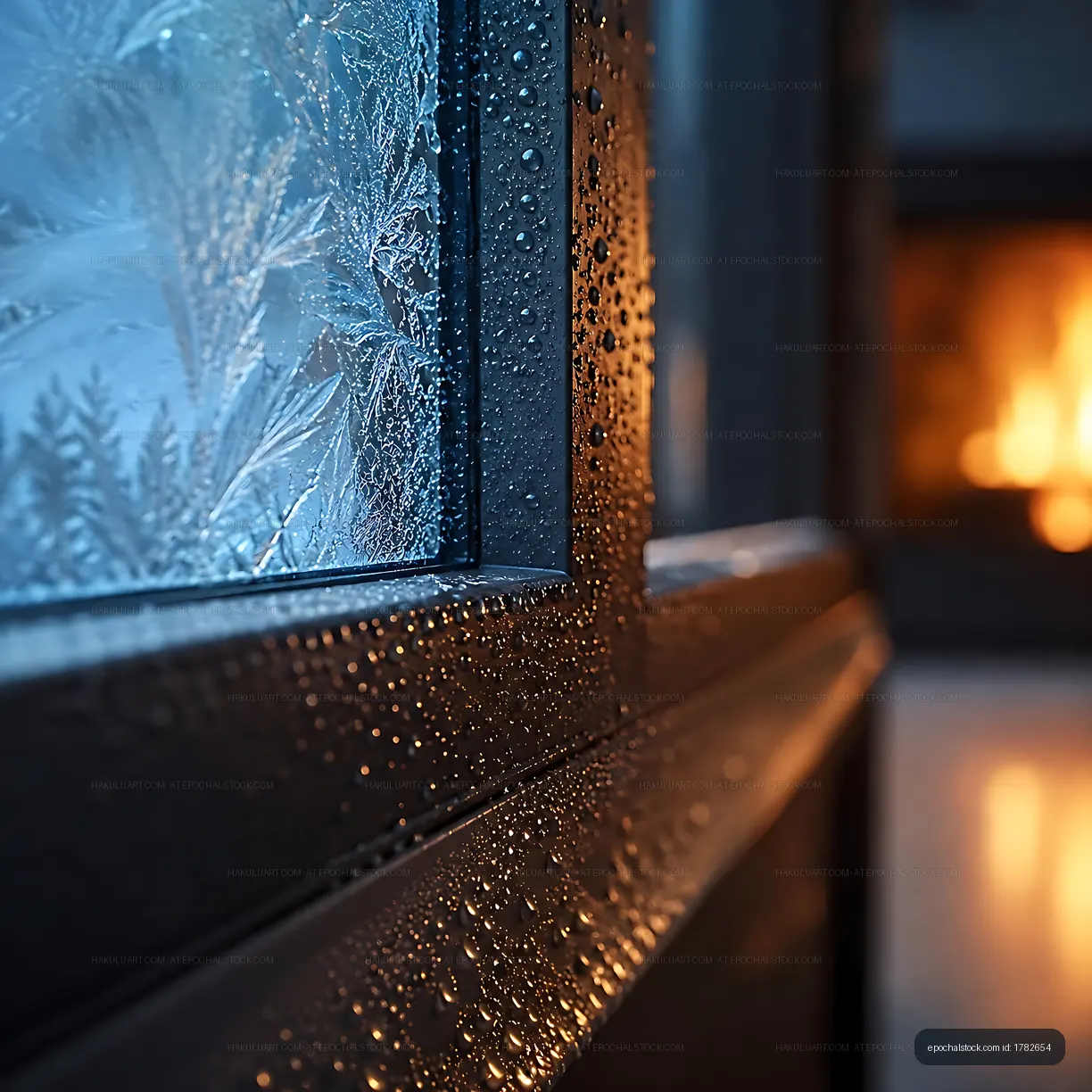 Raindrops on window with warm fire in background