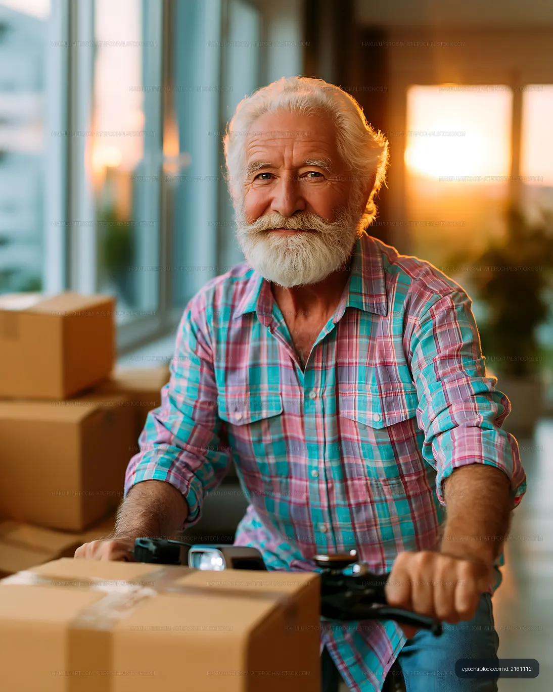 Elderly man delivering packages at sunset in a bright room