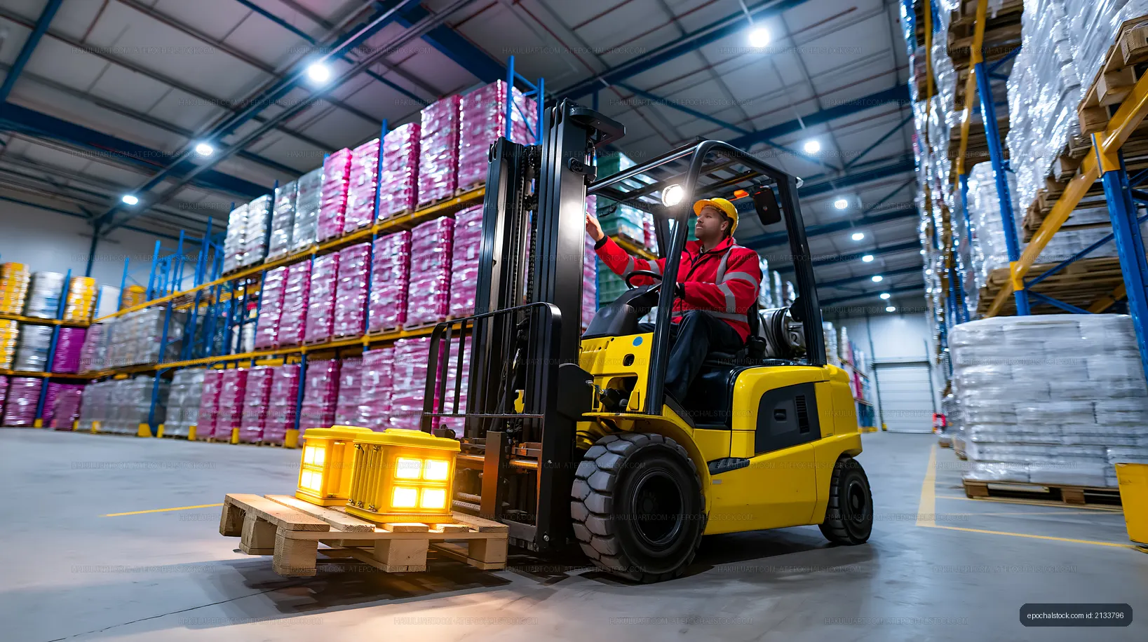 Forklift operator working in a warehouse with stacked pallets