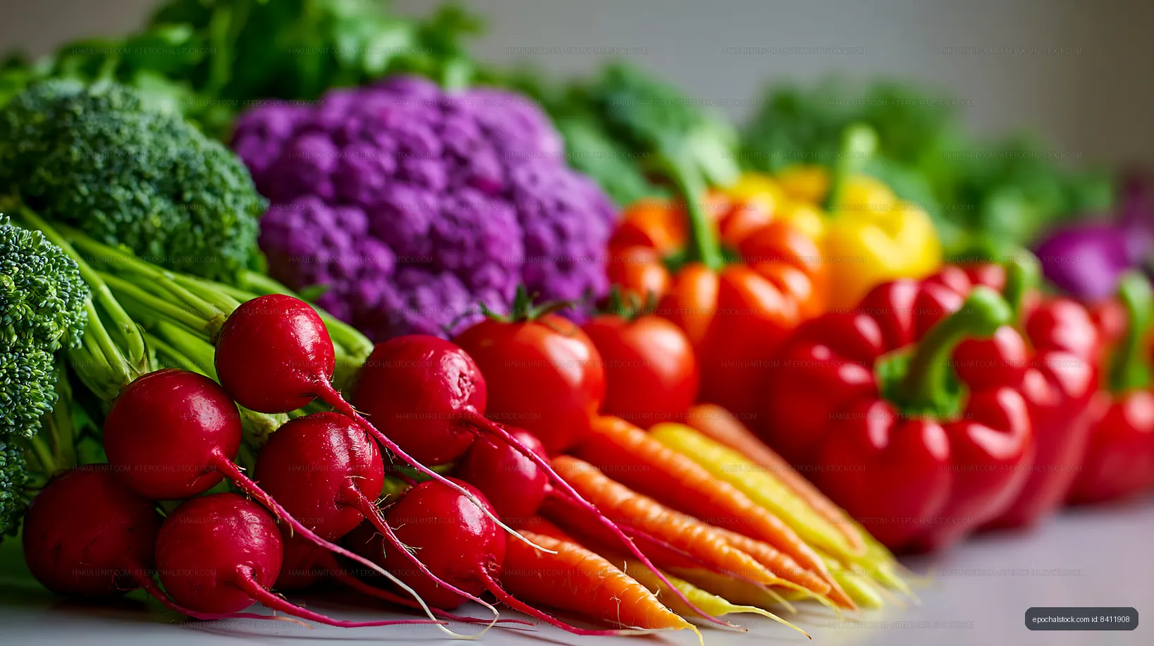 Fresh vegetables lined up on display in a market setting