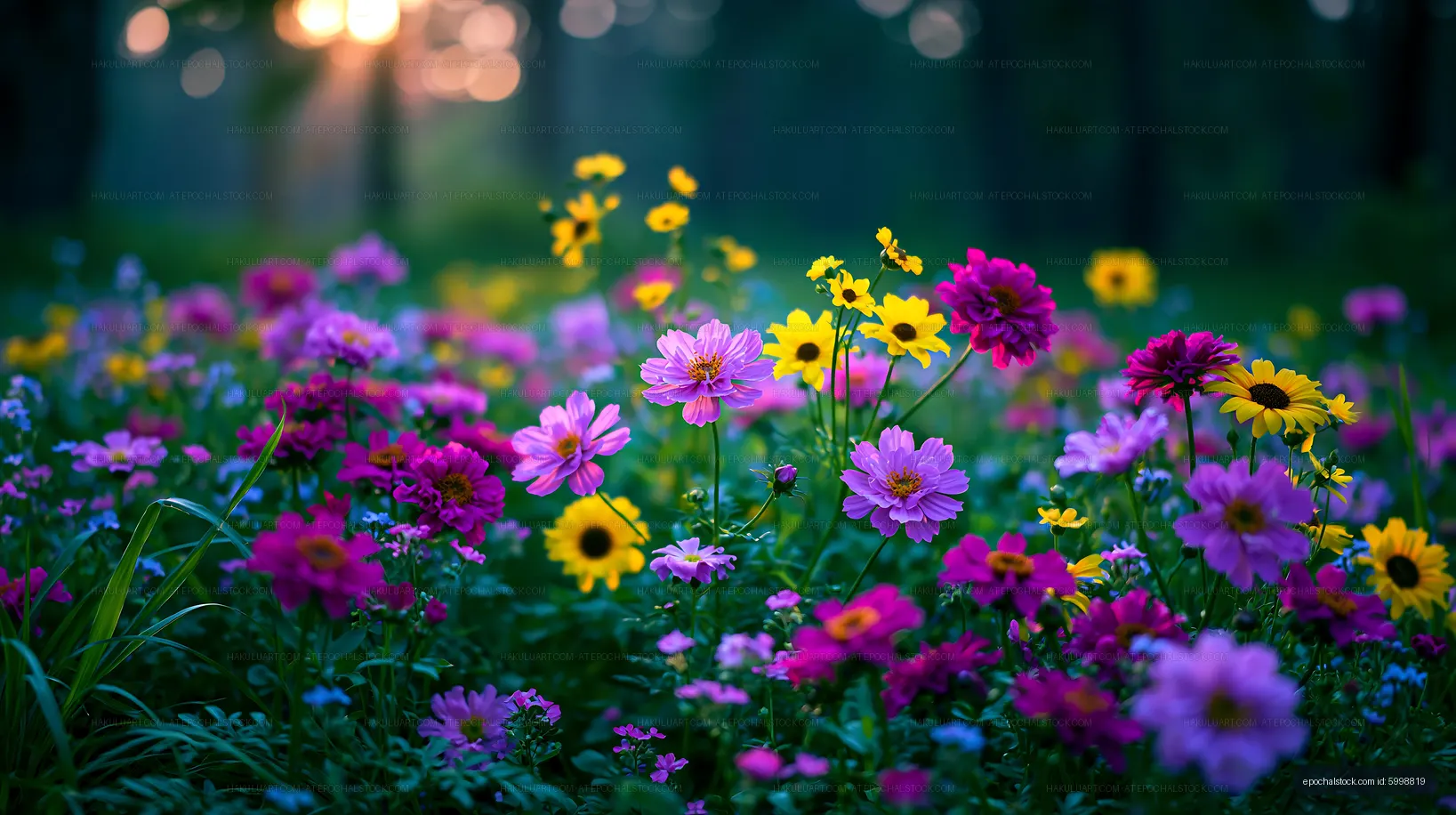 Colorful wildflowers blooming at sunset in a natural setting