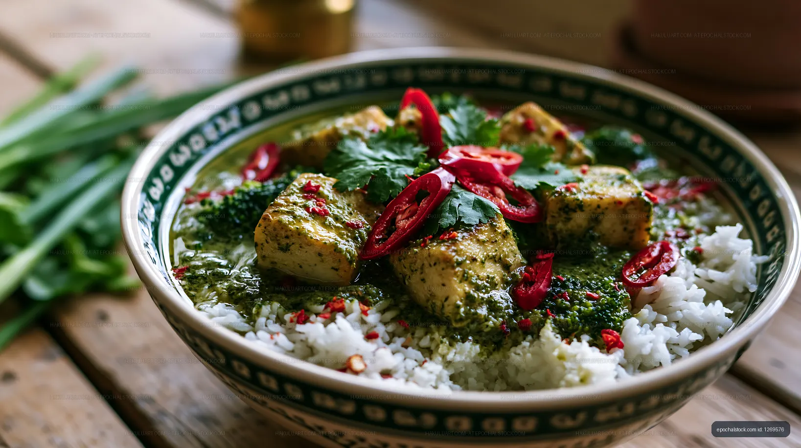 Delicious curry dish served with rice and fresh herbs