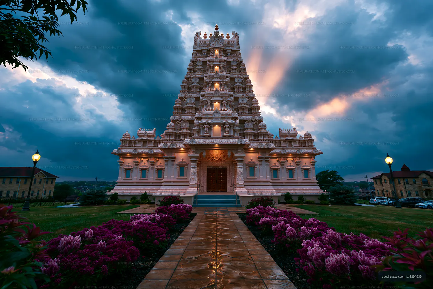Temple with clouds and sunlight in the background