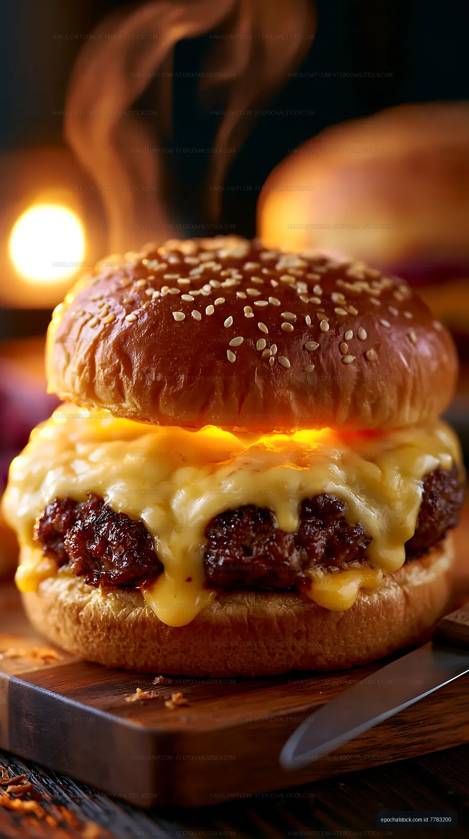 Melted cheese on a beef burger with sesame bun